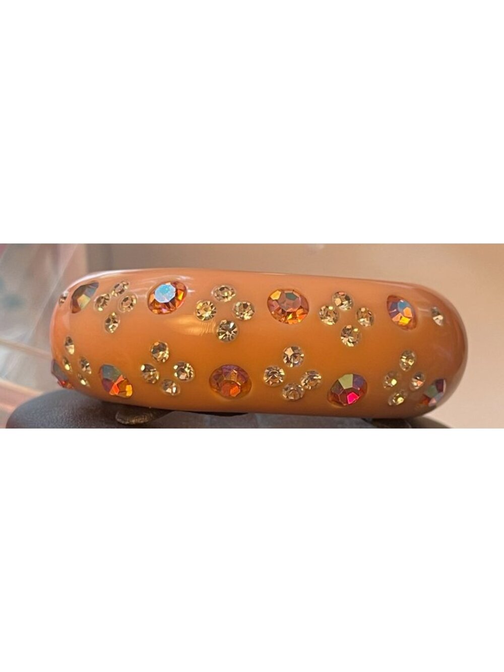 Vintage Weiss Peachy Pink Rhinestone Aurora Borealis Clamper Bracelet Coral Tone